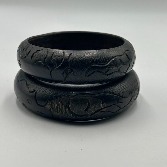 3/$30 Wood Bangle Bracelet Lot Carved Rhino Animal Design Dark Brown Wooden - Picture 2 of 11